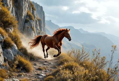 Primary subject: A brown horse running on a dirt path.

Setting/background: The horse is running on a dirt path, surrounded by a mountainous landscape.

Visual style: The image is a photo of the horse in motion.

Colors and mood: The image has a warm and natural color palette, with the brown horse as the main focus.