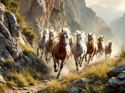 Primary subject: Horses running on a dirt road.
Setting/background: A mountainous area with a dirt road.
Visual style: Digital art.
Colors and mood: The image is in color, with a lively and energetic atmosphere.