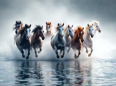 Primary subject: Horses
Setting/background: Water
Visual style: Photo
Colors and mood: Blue and white