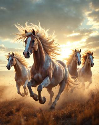 Primary subject: Horses
Setting/background: A field with a sunset in the background
Visual style: Digital art
Colors and mood: The image is in color, with a warm and vibrant atmosphere, as the horses are running in the sunset.