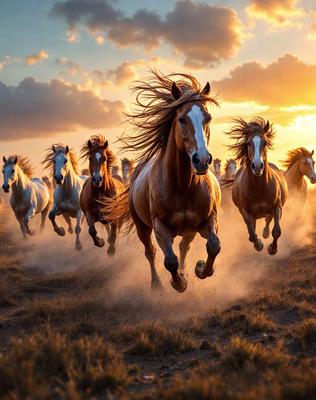 Primary subject: Horses
Setting/background: A field with dirt
Visual style: Photo
Colors and mood: The image is in color, and the horses are running in the field, creating a dynamic and energetic atmosphere.