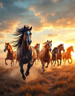 Primary subject: Horses
Setting/background: A field with grass
Visual style: Photo
Colors and mood: The image is in color, and the horses are running in the field, creating a dynamic and energetic atmosphere.