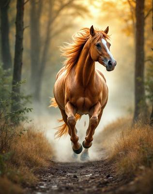 Primary subject: A brown horse running through a forest.

Setting/background: The horse is running through a forest with trees and grass around it.

Visual style: The image is a photo of the horse running through the forest.

Colors and mood: The dominant colors are brown and green, with a natural and lively atmosphere.