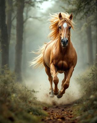 Primary subject: A brown horse with blonde hair running through a forest.

Setting/background: The horse is running through a forest with trees and dirt on the ground.

Visual style: The image is a digital art or illustration of the horse running through the forest.

Colors and mood: The dominant colors are brown and blonde, with a sense of motion and energy. The overall atmosphere is lively and dynamic.