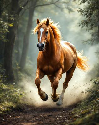 Primary subject: A brown horse running through a forest.

Setting/background: The horse is running through a forest, surrounded by trees and dirt.

Visual style: The image is a photo of the horse in motion.

Colors and mood: The dominant colors are brown and green, with a natural and lively atmosphere.