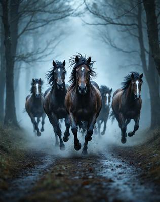 Primary subject: A group of horses running down a path.

Setting/background: The path is surrounded by trees, creating a forest-like atmosphere.

Visual style: The image is a black and white photo.

Colors and mood: The mood of the image is dynamic and energetic, as the horses are running swiftly through the forest.