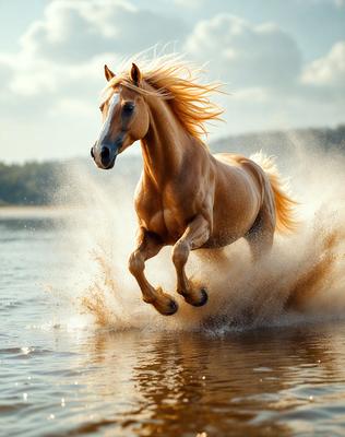 Primary subject: A brown horse with blonde hair running through water.

Setting/background: The horse is running through a body of water, possibly a lake or a river.

Visual style: The image is a photo of the horse in motion.

Colors and mood: The horse has a golden color, and the overall atmosphere is energetic and dynamic.