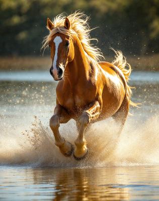 The primary subject of the image is a brown horse with blonde hair, running through a body of water. The horse is the main focus of the scene, and it appears to be enjoying the water as it gallops through it. The setting is a natural environment, with the water providing a backdrop for the horse's movement. The visual style of the image is a photo, capturing the horse in action. The colors in the image are predominantly brown and blonde, creating a warm and natural atmosphere.