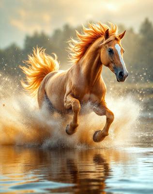 Primary subject: A horse running through water.

Setting/background: The horse is running through a body of water, possibly a river or a lake.

Visual style: The image is a photo of the horse in motion.

Colors and mood: The image has a vibrant and dynamic color palette, with the horse's orange mane and tail contrasting against the water's blue-green hues. The overall atmosphere is energetic and lively.