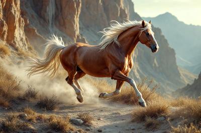 Primary subject: A brown horse running on a dirt road.

Setting/background: The horse is running on a dirt road, with a mountain in the background.

Visual style: The image is a photo of the horse in motion.

Colors and mood: The dominant colors are brown and orange, with a dusty and dynamic atmosphere.