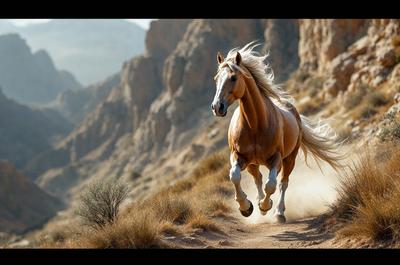 Primary subject: A brown horse running on a dirt road.

Setting/background: The horse is running on a dirt road, with mountains in the background.

Visual style: The image is a photo of the horse in motion.

Colors and mood: The image has a warm and natural color palette, with the brown horse and the dirt road creating a sense of movement and freedom.
