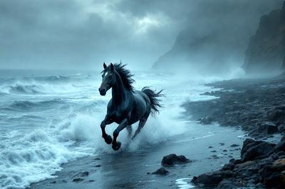 Primary subject: A horse running on a beach.

Setting/background: The beach is wet and rocky, with waves crashing nearby.

Visual style: The image is a photo of the horse running on the beach.

Colors and mood: The image has a blue and gray color palette, with the horse's mane and tail being black. The overall atmosphere is dynamic and energetic, as the horse is running freely on the beach.