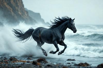 Primary subject: A horse running on the beach.

Setting/background: The horse is running on a beach near the ocean, with waves crashing in the background.

Visual style: The image is a photo of the horse running on the beach.

Colors and mood: The image has a black and white color scheme, giving it a classic and timeless feel. The mood of the image is energetic and dynamic, as the horse is captured in motion.
