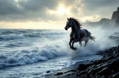 Primary subject: A horse running through the ocean waves.

Setting/background: The ocean with waves and a beach.

Visual style: The image is a photo of the horse running through the ocean waves.

Colors and mood: The image has a vibrant and dynamic color palette, with the horse's body being white, and the ocean waves being blue and white. The overall atmosphere is energetic and captivating.