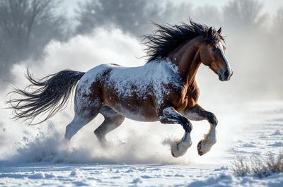 Primary subject: A brown horse running through the snow.

Setting/background: The horse is running through a snowy field, with snow flying behind it.

Visual style: The image is a photo of the horse in motion.

Colors and mood: The dominant colors are brown and white, with the snow adding a cold and wintry atmosphere to the scene.