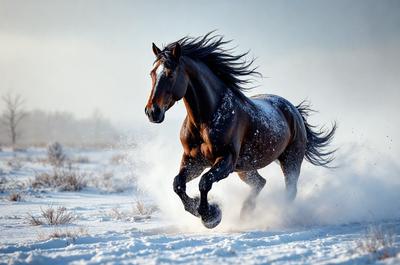 Primary subject: A brown horse running through the snow.

Setting/background: The horse is running through a snowy field, with a sky background.

Visual style: The image is a photo of the horse in motion.

Colors and mood: The dominant colors are brown and white, with a cold and snowy atmosphere.