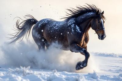 The primary subject of the image is a horse running through the snow. The horse is the main focus of the scene, and it appears to be enjoying the winter weather. The setting is a snowy landscape, with the horse running through the snow, creating a dynamic and visually appealing scene. The visual style of the image is a photo, capturing the horse in motion and the snowy environment. The colors and mood of the image are predominantly white and cold, with the horse's movement and the snow creating a