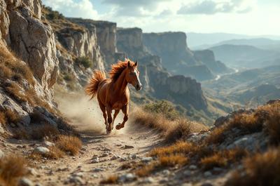 Primary subject: A brown horse running on a dirt road.

Setting/background: The horse is running on a dirt road, surrounded by a mountainous landscape.

Visual style: The image is a photo of the horse running in the mountains.

Colors and mood: The image has a warm and natural color palette, with the brown horse and the mountainous background creating a sense of freedom and adventure.