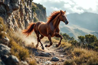 Primary subject: A brown horse running on a dirt path.

Setting/background: The horse is running on a dirt path, surrounded by a mountainous landscape.

Visual style: The image is a photo of the horse in motion.

Colors and mood: The dominant colors are brown and orange, with a sense of motion and energy.