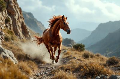 Primary subject: A brown horse running on a dirt road.

Setting/background: The horse is running on a dirt road, surrounded by a mountainous landscape.

Visual style: The image is a photo of the horse in motion.

Colors and mood: The dominant colors are brown and orange, with a sense of motion and energy.