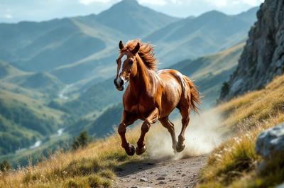Primary subject: A brown horse running on a dirt road.

Setting/background: The horse is running on a dirt road, surrounded by a grassy hillside.

Visual style: The image is a photo of the horse in motion.

Colors and mood: The dominant colors are brown and green, with a lively and energetic mood.