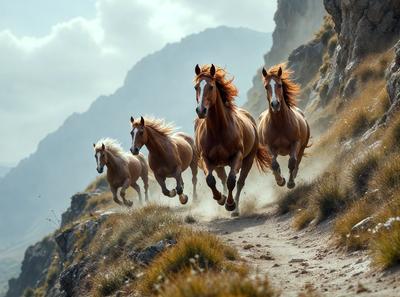 Primary subject: Horses running on a dirt path.
Setting/background: A mountainous area with a dirt path.
Visual style: A photo of the horses running.
Colors and mood: The image is in black and white, giving it a classic and timeless feel.