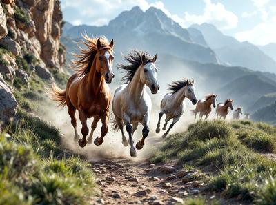 Primary subject: Horses running on a dirt road.

Setting/background: A mountainous area with a dirt road.

Visual style: A photo of the horses running.

Colors and mood: The image is in color, and the horses appear to be running freely in the open area, creating a sense of freedom and adventure.