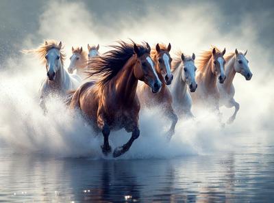 Primary subject: Horses
Setting/background: Water
Visual style: Photo
Colors and mood: Blue and white