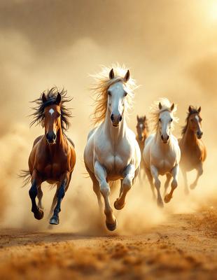 Primary subject: Horses
Setting/background: Dirt road
Visual style: Photo
Colors and mood: Yellow and orange