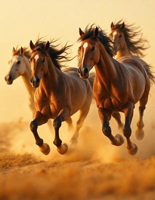 The primary subject of the image is a group of brown horses running through a field. The setting is a dirt field, and the visual style appears to be a photo. The horses are the main focus of the image, and their movement and the dust they kick up create a dynamic and energetic atmosphere.