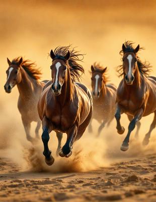 Primary subject: Horses
Setting/background: Dirt
Visual style: Photo
Colors and mood: Yellow and brown