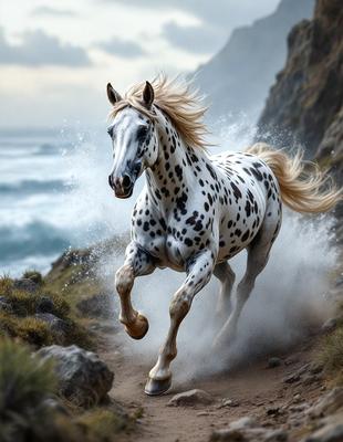 Primary subject: A white and brown spotted horse running on a dirt path.

Setting/background: The horse is running on a dirt path near a cliff, with the ocean in the background.

Visual style: The image is a photo of the horse in motion.

Colors and mood: The horse is predominantly white with brown spots, and the overall atmosphere is energetic and dynamic.