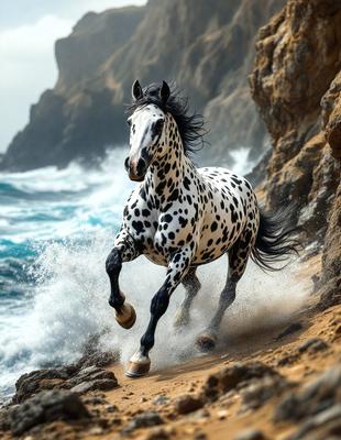 Primary subject: A spotted horse running on a beach.

Setting/background: The horse is running on a beach near the ocean, with a rocky cliff in the background.

Visual style: The image is a photo of the horse running on the beach.

Colors and mood: The horse is black and white, and the overall atmosphere is energetic and dynamic.