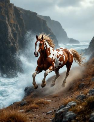 Primary subject: A brown and white spotted horse running on a grassy hillside.

Setting/background: The horse is running on a grassy hillside with a rocky cliff in the background.

Visual style: The image is a photo of the horse in motion.

Colors and mood: The horse has brown and white spots, and the overall atmosphere is energetic and dynamic.