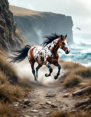 Primary subject: A brown and white spotted horse running on a dirt path.

Setting/background: The horse is running along a dirt path near a cliff, with a body of water in the background.

Visual style: The image is a digital art or illustration of the horse running.

Colors and mood: The dominant colors are brown, white, and gray, creating a natural and dynamic atmosphere.