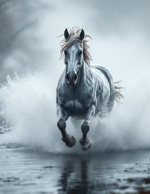 Primary subject: A horse running through water.

Setting/background: The horse is running through a body of water, possibly a river or a lake.

Visual style: The image is a black and white photo.

Colors and mood: The image has a dramatic and moody atmosphere, with the horse and the water creating a sense of motion and intensity.