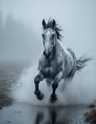 Primary subject: A horse running through water.

Setting/background: The horse is running through a body of water, possibly a river or a lake.

Visual style: The image is a photo of the horse in motion.

Colors and mood: The image has a moody atmosphere, with the horse and the water creating a dramatic scene.