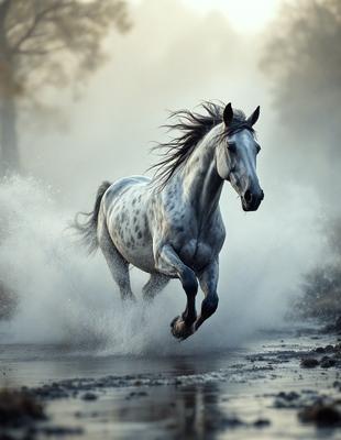 Primary subject: A horse running through water.

Setting/background: The horse is running through a body of water, possibly a river or a stream.

Visual style: The image is a photo of the horse in motion.

Colors and mood: The image has a sepia tone, giving it a vintage and nostalgic feel. The horse's movement and the water create a dynamic and energetic atmosphere.