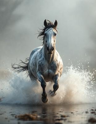 Primary subject: A white horse with a black mane running through water.

Setting/background: The horse is running through a body of water, possibly a river or a lake.

Visual style: The image is a photo of the horse in motion.

Colors and mood: The image has a vibrant and dynamic atmosphere, with the white horse contrasting against the water and the black mane adding a touch of elegance and drama to the scene.