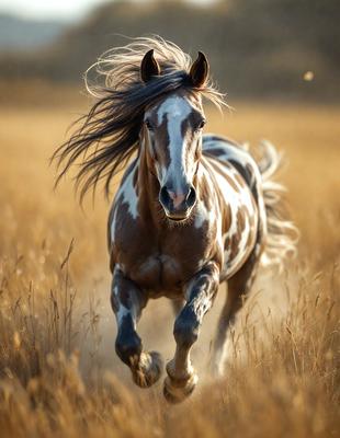 Primary subject: A brown and white horse running through a field of tall grass.

Setting/background: The horse is running through a field of tall grass, which is the main focus of the image.

Visual style: The image is a photo of the horse running through the grass.

Colors and mood: The dominant colors in the image are brown and white, which create a natural and earthy atmosphere. The horse appears to be running with energy and freedom.