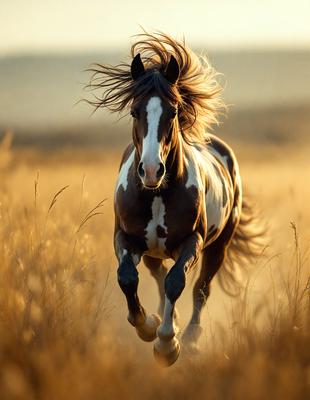 Primary subject: A brown and white horse running through a field.

Setting/background: The horse is running through a field with tall grass, and there is a sunset in the background.

Visual style: The image is a photo of the horse in motion.

Colors and mood: The dominant colors are brown, white, and yellow, creating a warm and natural atmosphere.