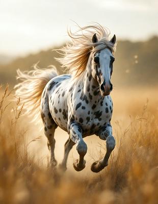 Primary subject: A white and black spotted horse running through a field.

Setting/background: The horse is running through a field with tall grass, and there is a forest in the background.

Visual style: The image is a photo of the horse in motion.

Colors and mood: The horse is predominantly white with black spots, and the overall atmosphere is energetic and dynamic.
