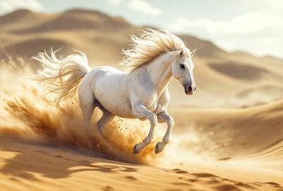 Primary subject: A white horse running in the sand.

Setting/background: A desert landscape with sand and mountains in the background.

Visual style: The image is a digital artwork.

Colors and mood: The image has a warm and vibrant color palette, with the white horse standing out against the sandy background.
