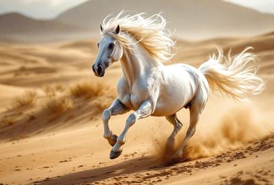 Primary subject: A white horse running in a desert.

Setting/background: The horse is running on a sandy surface, with a desert-like environment in the background.

Visual style: The image is a photo of the horse in motion.

Colors and mood: The image has a warm and natural color palette, with the white horse standing out against the sandy background. The overall atmosphere is energetic and dynamic, as the horse is captured in motion.