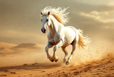 Primary subject: A white horse running on a sandy surface.

Setting/background: The horse is running in a desert-like environment, with sand and a cloudy sky in the background.

Visual style: The image is a photo of the horse in motion.

Colors and mood: The dominant colors are shades of brown and beige, with the white horse standing out against the sandy background. The overall atmosphere is dynamic and energetic, as the horse is captured in motion.