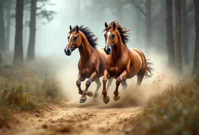 Primary subject: Two brown horses running through a dirt road.

Setting/background: The horses are running through a forest, with trees in the background.

Visual style: The image is a digital art illustration.

Colors and mood: The image has a warm and natural color palette, with the brown horses and the dirt road creating a sense of movement and energy.
