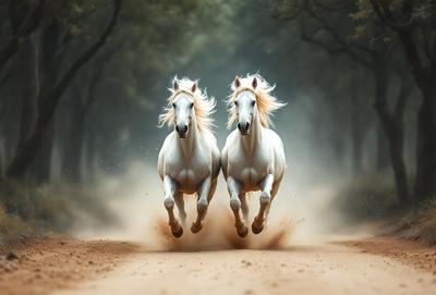 The primary subject of the image is two white horses running down a dirt road. The setting is a forest, with trees visible in the background. The visual style is a photo, capturing the horses in motion. The colors and mood of the image are predominantly earthy tones, creating a sense of movement and energy.