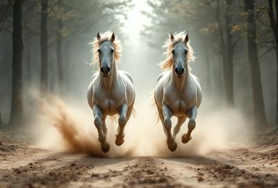 Primary subject: Two white horses running in the dirt.

Setting/background: A dirt road surrounded by trees.

Visual style: A photo of the two horses running.

Colors and mood: The image is in black and white, giving it a classic and timeless feel. The horses' white coats contrast with the dirt road and the trees in the background, creating a sense of motion and energy.