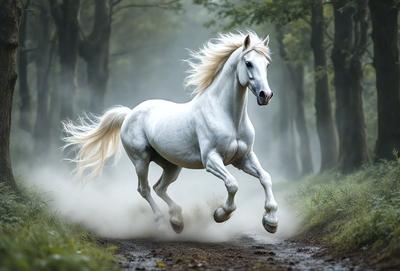 Primary subject: A white horse running through a forest.

Setting/background: The horse is running on a dirt road surrounded by trees.

Visual style: The image is a photo of the horse in motion.

Colors and mood: The photo is in black and white, giving it a classic and timeless feel.