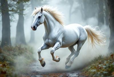 Primary subject: A white horse running on a dirt road.

Setting/background: The horse is running through a forest, with trees in the background.

Visual style: The image is a photo of the horse in motion.

Colors and mood: The image has a sepia tone, giving it a warm and nostalgic atmosphere.